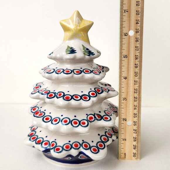Boleslawiec Polish Pottery Peacock Pattern Christmas Tree w/Star Figurine Statue - Picture 3 of 6
